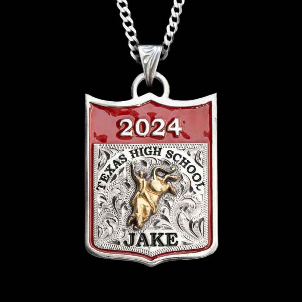 Celebrate any school graduation or achievement with the High School Rodeo Backnumber Pendant -featuring a silver hand engraved base with custom lettering and golden bronze figure. Order now!